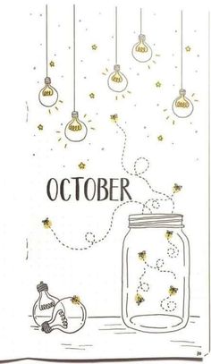 a drawing of a jar with gold stars hanging from it and the words october above it