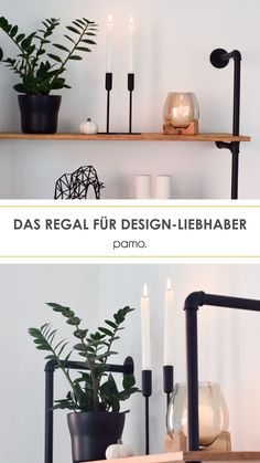 two shelves with candles and plants on them in front of a wall that says des regal fur design - liehaber