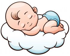 a baby sleeping on top of a cloud with its head resting on it's back