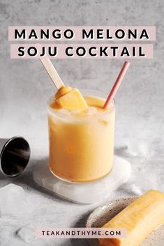 mango melon sou cocktail in a glass with two straws on the side