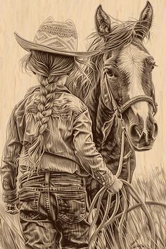 a drawing of two horses and a person in a cowboy hat with a lasso