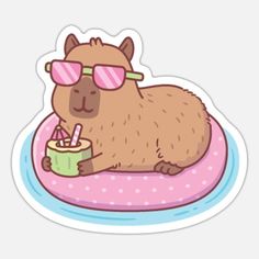 a cartoon hamster with sunglasses on and drinking from a drink in a pool float