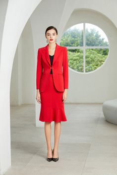 Elegant Red Pencil Skirt For Work, Red Knee-length Pencil Skirt For Office, Formal Fitted Red Pencil Skirt, Red Knee-length Pencil Skirt For Formal Occasions, Elegant Red Fitted Skirt Suit, Elegant Red Formal Skirt Suit, Red Long Sleeve Skirt Suit For Party, Red Long Sleeve Skirt Suit For Work, Red Long-sleeve Skirt Suit For Party