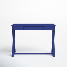 a blue desk with one drawer on the top and two drawers at the bottom, against a white background