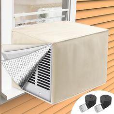 an air conditioner with the door open and two ventilators attached to it