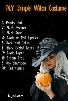 a woman wearing a witch costume holding a pumpkin in her hands with the words diy simple witch costume on it