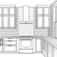 a drawing of a kitchen with brick walls