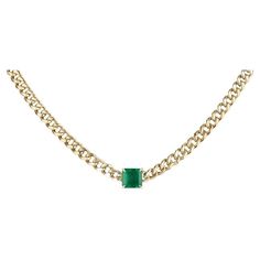 A remarkable emerald necklace in gold. This extravagant piece features a stunning natural Asscher cut emerald that showcases a rich dark green color and excellent to very good clarity and luster. Set in a secure four-prong claw setting, attached to a lovely, hollow Cuban link chain that measures 4.5mm in width and measures 16 inches in length. The perfect accessory. Setting Style: Prong Setting Material: 14K Yellow Gold Setting Weight: 8.8 Grams Main Stone: Emerald Shape: Emerald Cut Weight: 1.8 Luxury Emerald Necklace With Clavicle Chain, Luxury Emerald-cut Yellow Gold Necklace, Luxury Gold-plated Emerald Necklace, Luxury Faceted Emerald Necklace, Luxury 14k Gold Emerald-cut Emerald Necklace, Cuban Link Chain Necklaces, Asscher Cut, Cuban Link, Emerald Necklace