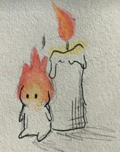 a drawing of a person holding a lit candle in front of a fire hydrant