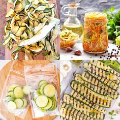 several different types of food are displayed on a table with vegetables and condiments