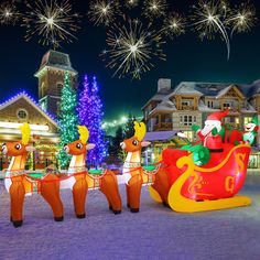 a group of reindeer sleighs in front of a christmas tree with fireworks