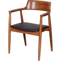 a wooden chair with black leather seat and armrests on the back, in front of a white background