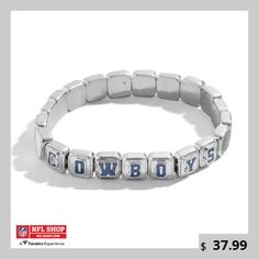 Finish any look in fan style with this Dallas Cowboys Tile Bracelet. Made in collaboration with WEAR by Erin Andrews and BaubleBar, this eye-catching bracelet features  spelled out in team colors. The stretch closure provides a perfect, comfortable fit. Tile Bracelet, Erin Andrews, Party Sale, Fan Style, Dallas Cowboys, Team Colors, Sale Items, Dallas, Jewelry Bracelets