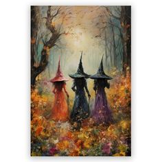 three witches walking in the woods with their hats on