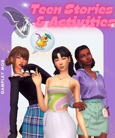 three young women standing next to each other in front of a purple background with the words teen stories and activities