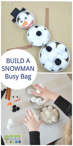 snowman busy bag for toddlers to make with marshmallows and cotton balls