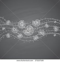 an abstract background with musical notes and seashells on the waves, hand drawn in chalk