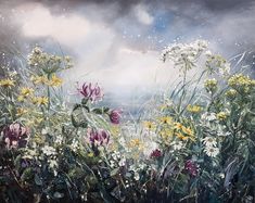 a painting of wildflowers and daisies in a field under a cloudy sky