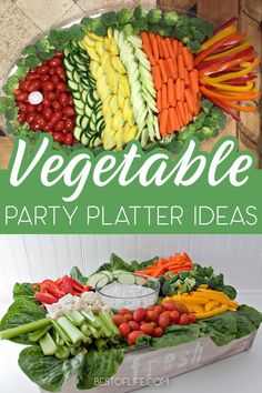 a platter filled with vegetables on top of a white table next to a sign that says vegetable party platter ideas