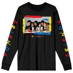 Celebrate the gift of friendship with this Friends TV tee. The shirt features a photo of the cast surrounded by red, yellow, and blue paint strokes while red, yellow, and blue letters spell out the series logo on each sleeve. The tee comes in a black long sleeve crew neck. Fans of the Friends sitcom will love this comfy and cozy tee. Friends Sitcom, Blue Letters, Tv Photo, Paint Strokes, Black Graphic Tees, Friends Tv Show, Friends Tv, Friends Shirt, Blue Paint