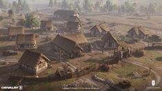 an old village with thatched roofs and lots of trees in the foreground is shown