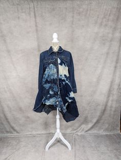 Upcycled long denim patchwork jacket with frayed seams and jagged hem. Bust measures 42" when buttoned, hips 52" and length varies from 31"-43". Denim Patchwork Jacket, Jeans Patchwork, Patchwork Jacket, Womens Jackets, Denim Patchwork, Favorite Outfit, Bathing Beauties, Jackets & Coats, Jackets For Women