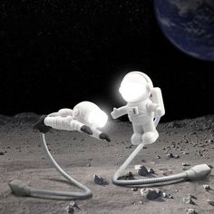 an astronaut on the moon with a hose connected to it