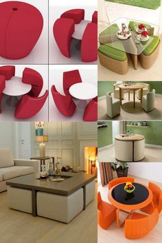 there are many different types of furniture in this photo collage, including couches and tables