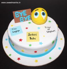 a birthday cake with a smiley face and name tag on it that says bye bye