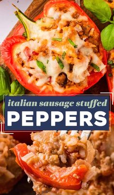 italian sausage stuffed peppers on a cutting board