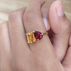 Designer Natural Golden Citrine & Red Garnet Solitaire | Etsy Citrine And Garnet Ring, Garnet And Citrine Ring, Aquamarine Solitaire Ring, Garnet And Diamond Ring, Rutilated Quartz Ring, Rings Unique, Simulated Diamond Rings, Rings For Girls, Pretty Rings