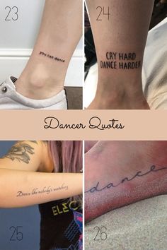 four different tattoos on the legs and ankles, with words written in each one's handwriting