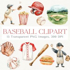 watercolor baseball clipart with different items for each player to use on their designs