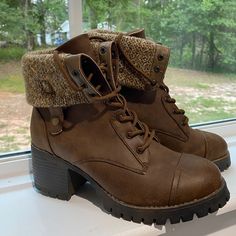 Brown Heeled Boots, Size 7, Fold Over Look With 2 1/2 Inch Heel, Never Worn, Been Sitting In My Closet, Sturdy Heeled Boot, Would Be Super Cute For Fall Or Winter! Someone Would Love These. Brown Combat Boots For Winter, Fall Booties Ankle Boots, Brown Heeled Boots, Fall Booties, Booties Ankle Boots, Brown Heels, 2 Inch Heels, Fold Over, Heeled Boots