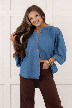 Expertly crafted with a comfortable rounded neckline, long sleeves and a button down front, the All My Life Top is a versatile addition to your wardrobe. Made with high-quality denim material, it offers both style and durability for all-day wear. Elevate your look with this must-have piece. Devan is wearing a size Small in denim. Runs true to size 100% Cotton Size Small Measurements Bust: 24" Length: 25" Size Large Measurements Bust: 26" Length: 26" Washing Instructions Hand wash cold separately Denim Material, Rounded Neckline, Elevate Your Look, A Button, Washing Instructions, Final Sale, My Life, Must Haves, Hand Wash