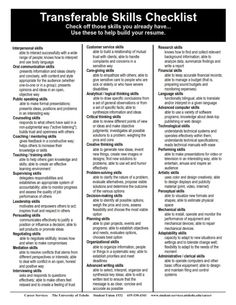 a poster with the words, transferable skills checklist and other things to do