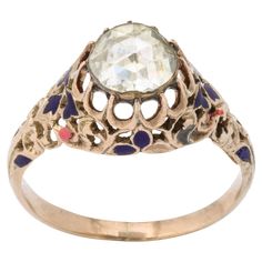 Antique Rose Diamond and Enamel Gold Ring. An exceptional quality rose diamond small loss to the enamel. 0.65 Carat