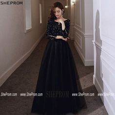 Black Evening Dress For Prom Holiday, Black V-neck Holiday Evening Dress, Black Holiday Evening Dress For Prom, Black Long Sleeve Evening Dress With Sequins, Black Prom Dresses For Winter, Black Long Sleeve Dresses For Prom, Black Winter Prom Evening Dress, Black Evening Dress For Holiday Banquet, Black Long Sleeve Evening Dress For Holidays