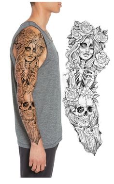 a man with tattoos on his arm next to an image of a skull and roses