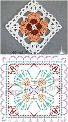 crocheted doily with an orange flower on the center and two different designs