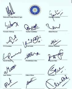 an autographed document with the names and numbers of people in blue ink on it