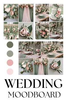 wedding mood board with pink and green flowers