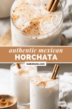 two glasses filled with mexican horchata on top of a cutting board next to cinnamon sticks