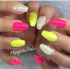 Bright Nails, Nail Designs Glitter, Neon Nails, Dipped Nails, Yellow And Pink, Funky Nails, Short Acrylic Nails, Best Acrylic Nails