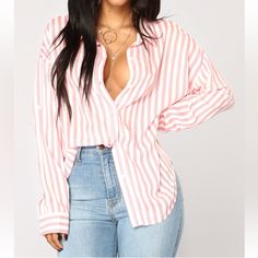 Fashion Nova Pink And White Striped Blouse Top Long Sleeves, Roll Up Sleeves Button-Up Collar Loose Fit Size Large New With Tags 100% Rayon Pit To Pit 24” Length 31” Trendy Button-up Blouse For Daywear, Trendy White Button-up Blouse, Feminine Shirt With Button Closure For Day Out, Trendy Blouse With Button Closure For Daywear, Feminine Button-up Top With Button Closure, Feminine Button-up Tops With Buttons, Trendy Buttoned Blouse For Day Out, Trendy Tops With Button Closure For Daywear, Trendy Blouse With Buttons For Day Out