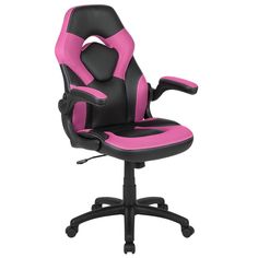 a pink and black office chair with wheels