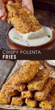 crispy polenta fries with yogurt and parsley on top are the perfect appetizer for any party