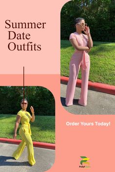 Stay stylish and comfortable this season with our short sleeve dressy jumpsuit for women! Made from delicate fabric, this piece is a must-have for any fashion-forward wardrobe. With a figure-hugging top and waist-defining belt, paired with a wide-legged bottom, this jumpsuit offers a cool and relaxed look. Pair it with sandals and a statement necklace for a cute summer date outfit, or dress it up with heels for a chic and casual date night look. Shop now and elevate your fashion game! Fitted V-neck Sets For Day Out, V-neck Sets For Night Out In Spring, Fitted Evening Sets For Summer, Fitted Solid Color Party Set, V-neck Party Sets For Spring, Feminine V-neck Jumpsuits And Rompers For Night Out, Trendy Solid Color Jumpsuits And Rompers For Date Night, Trendy Solid Jumpsuits And Rompers For Date Night, Chic Evening Jumpsuits And Rompers In Solid Color