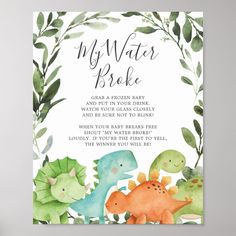 a baby shower card with watercolor dinosaurs and leaves on the bottom, says my water broke