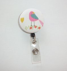 Retractable ID Badge Holder Fabric Button Pink Bird by Laa766 chic / cute / preppy / fabric / covered button / clip-on / retractable cord / patterned / co-worker or school gifts Craft Booth Ideas, Badge Ideas, Brown Bird, Pink Bird, Craft Booth